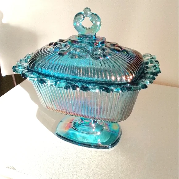 Carnival Indiana Iridescent Blue Glass Candy Dish with Lid - Picture 3 of 12